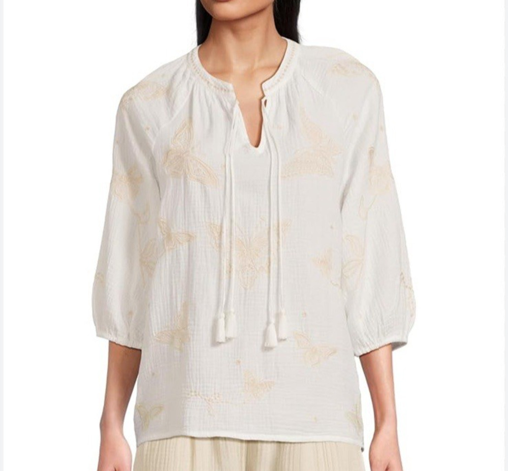 Johnny Was Koleen Blouse White Butterfly Embroidered Sz S Tassel Gauze Boho